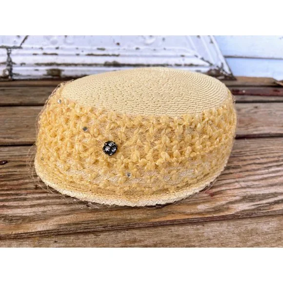 Vintage 1950s Yellow Straw Pill Box Hat Rhinestones MOD - Picture 2 of 15